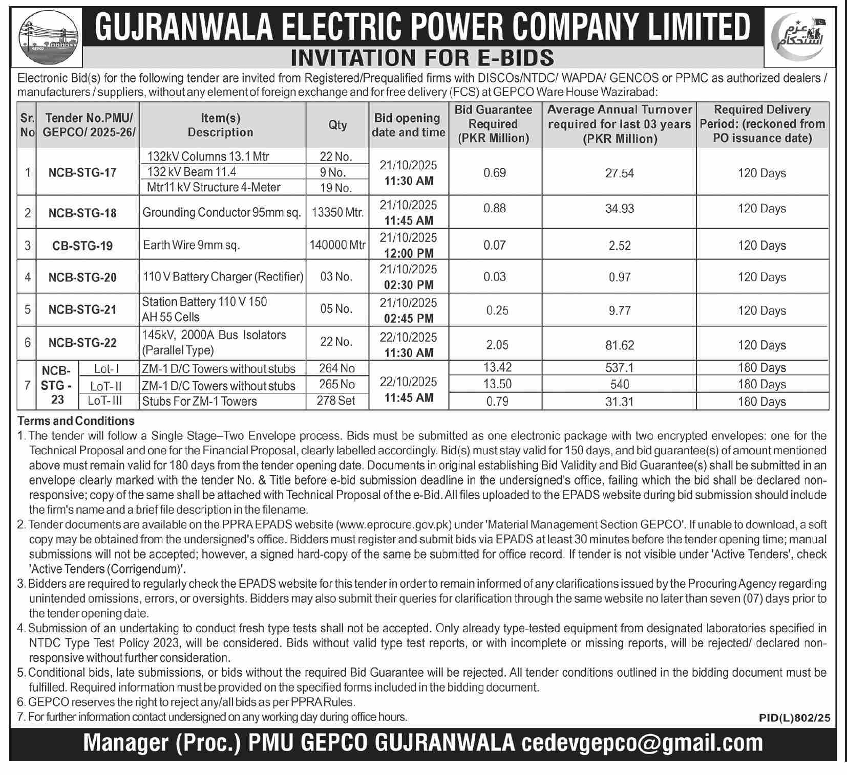 Gujranwala Electric Power Company Limited Tender Notice
